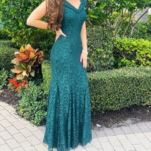 R&M Richards Dark Green Strapless Lace Dress